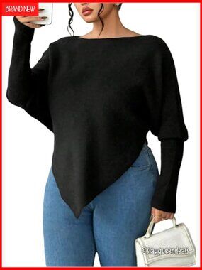 Plus Size Asymmetrical Boat Neck Pullover Sweater Long Sleeve Tops